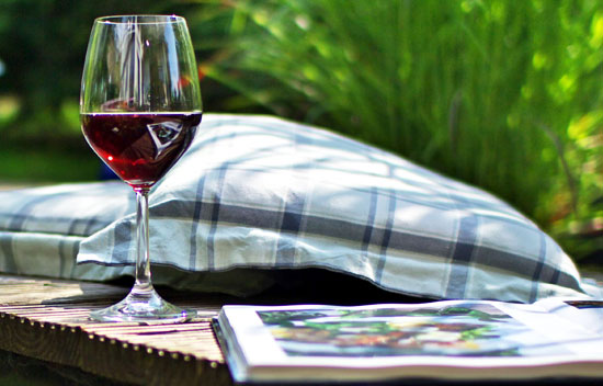 Ein Glas Rotwein und ein aufgeschlagenes Buch auf einem Gartentisch